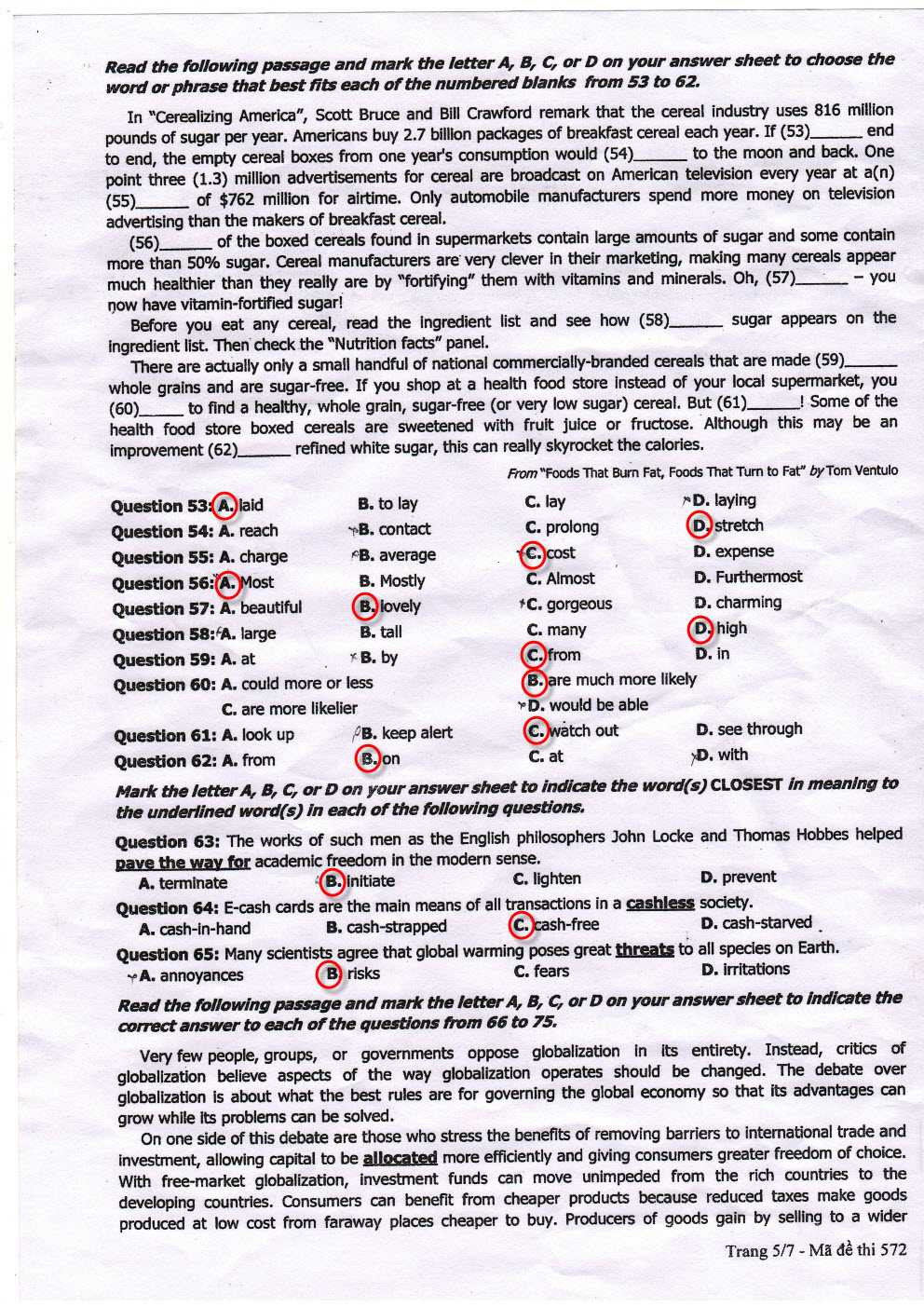 đáp án Tiếng Anh 2013