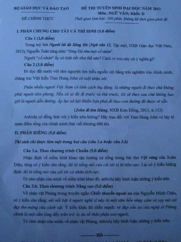 đề văn khối D 2013