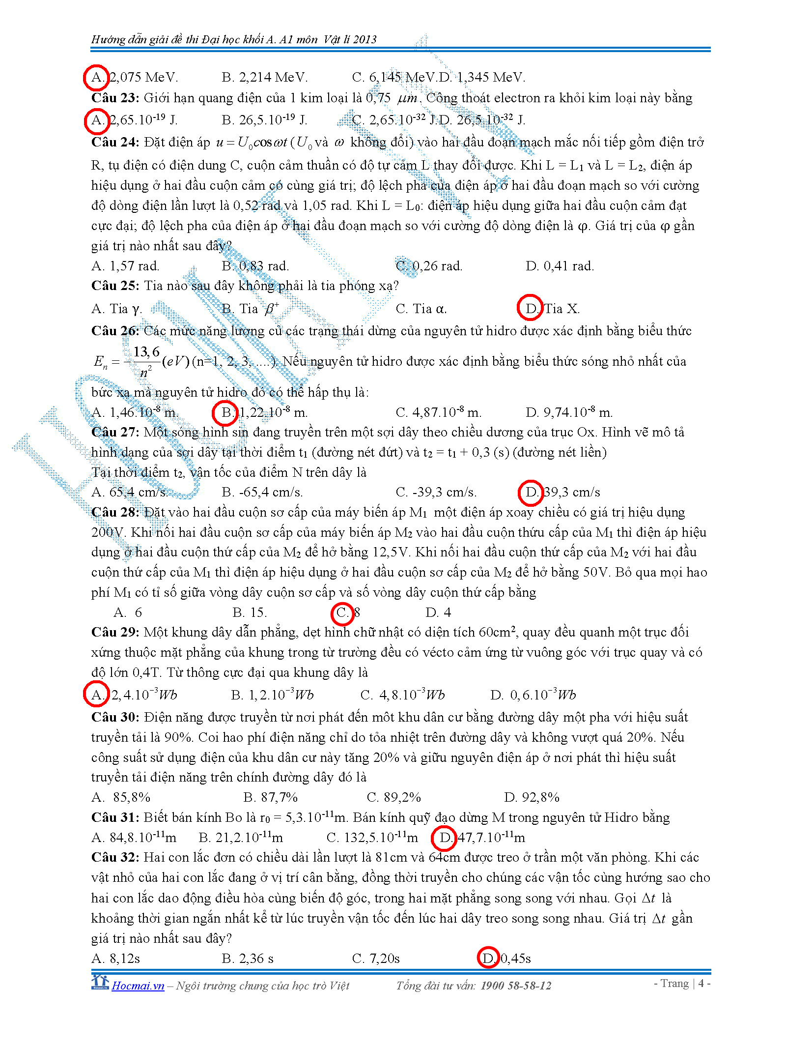 đáp án vật lý