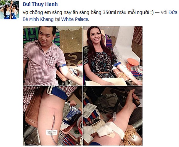 Hai vợ chồng Thúy Hạnh và Minh Khang tham gia chương trình hiến máu nhân đạo rất tích cực.
