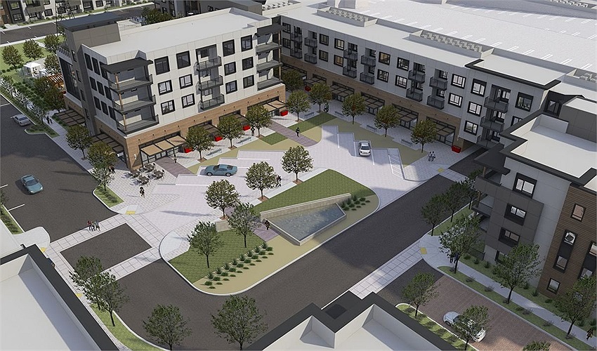 Khi ô tô tiến vào khu tổ hợp nhà từ Đại lộ Haven, những thứ được nhìn thấy đầu tiên là đài phun nước và bãi đỗ xe, bao quanh bởi nhiều cửa hiệu.