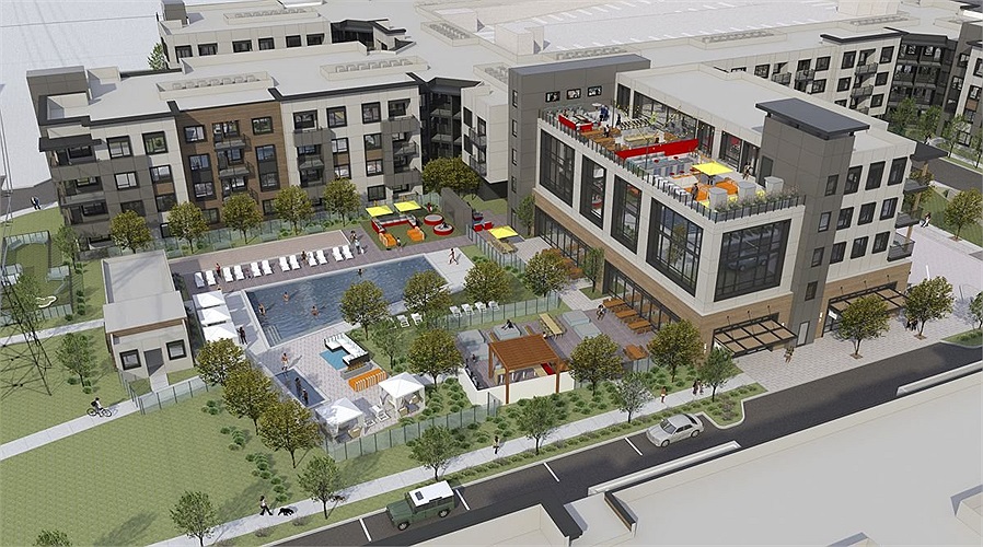 Nhìn cận cảnh hơn, sẽ thấy thiết kế bể bơi ngoài trời thoáng mát nằm ở sân sau khu tổ hợp nhà ở.