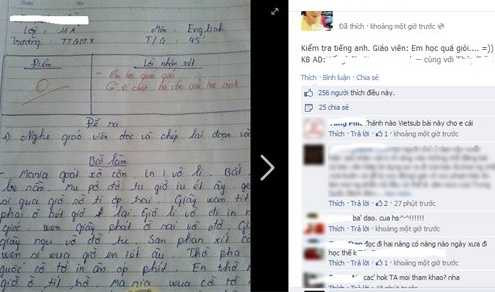Bài kiểm tra bị điểm 0 với lời phê "Em học rất giỏi, có tố chất bá đạo của học sinh”.