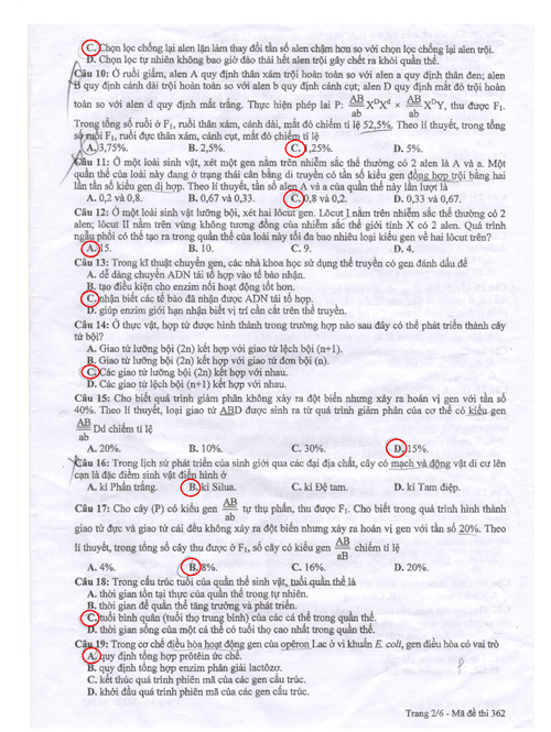 đáp án môn sinh học hệ cao đẳng