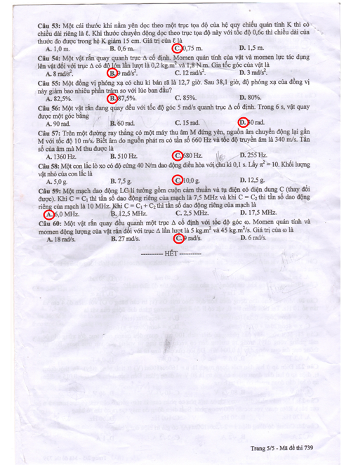 Đáp án môn Vật lý hệ cao đẳng 2013