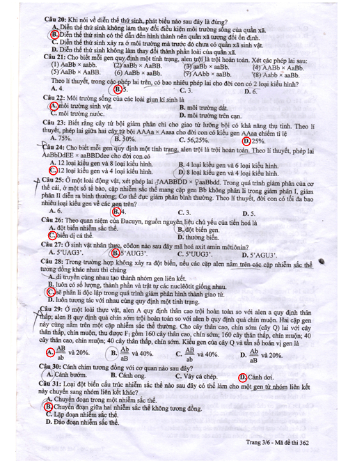 đáp án môn sinh học hệ cao đẳng