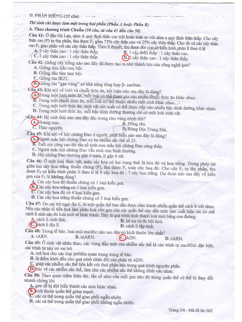 đáp án môn sinh học hệ cao đẳng