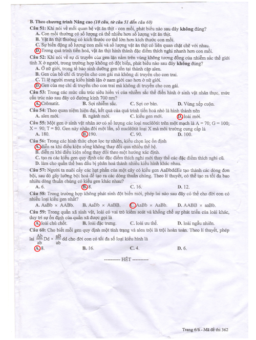 đáp án môn sinh học hệ cao đẳng