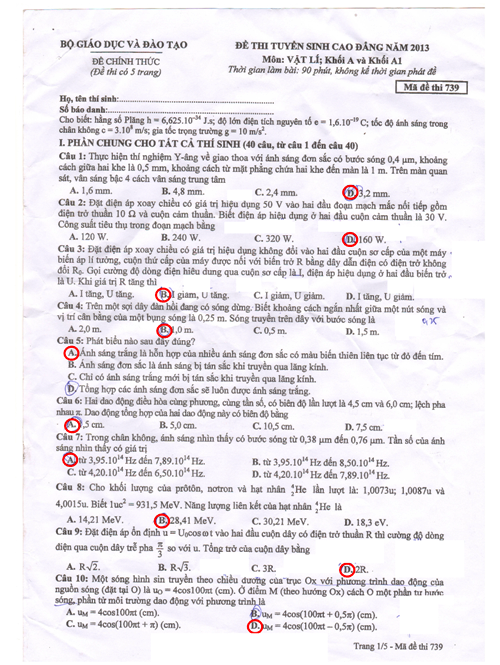 Đáp án môn Vật lý hệ cao đẳng 2013