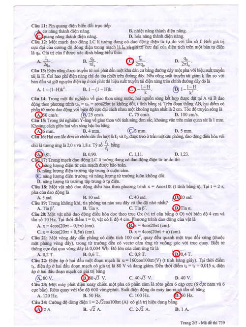 Đáp án môn Vật lý hệ cao đẳng 2013