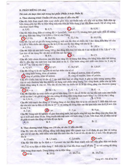 Đáp án môn Vật lý hệ cao đẳng 2013