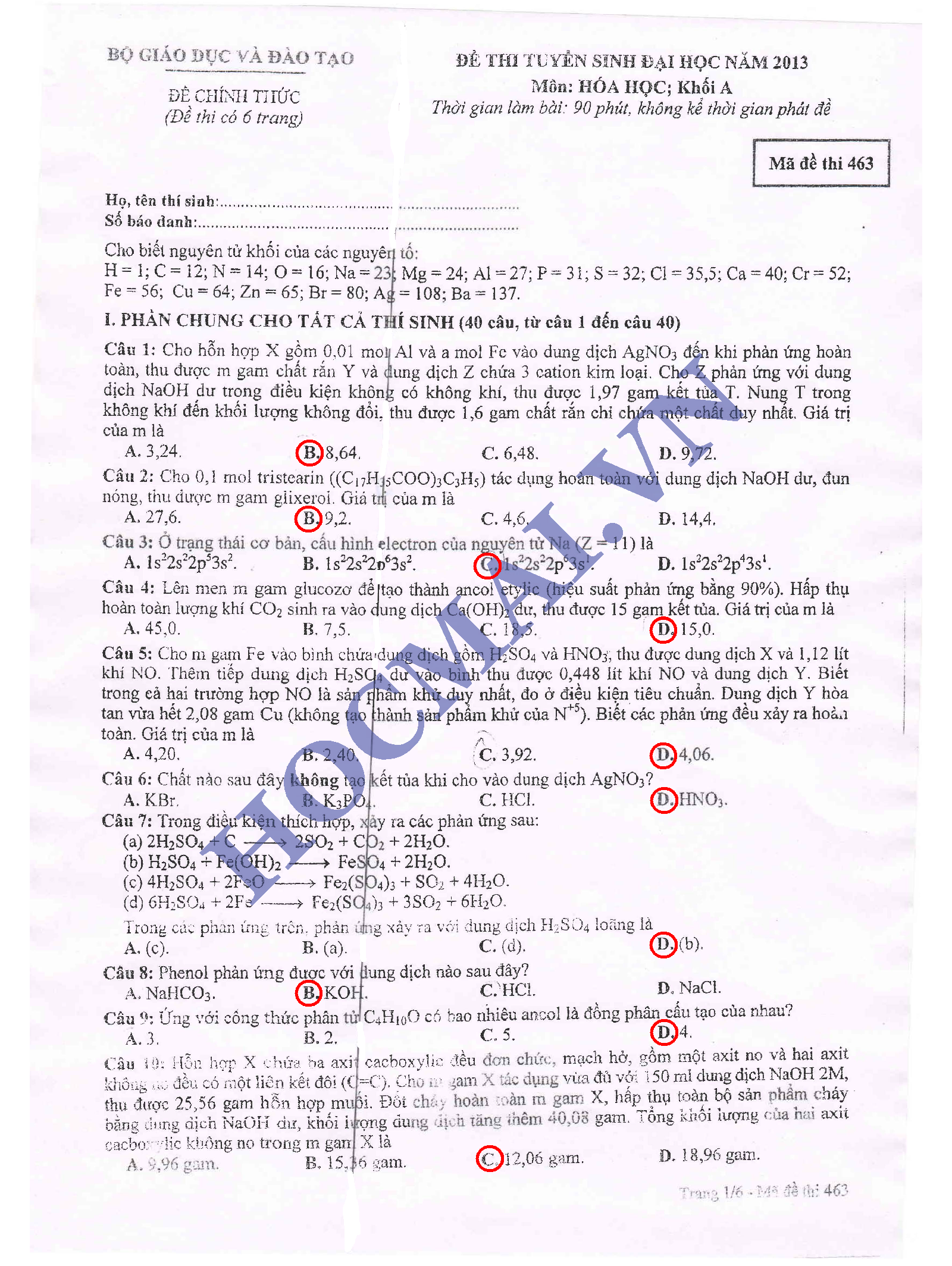 đề thi, đáp án môn Hóa, Tiếng Anh