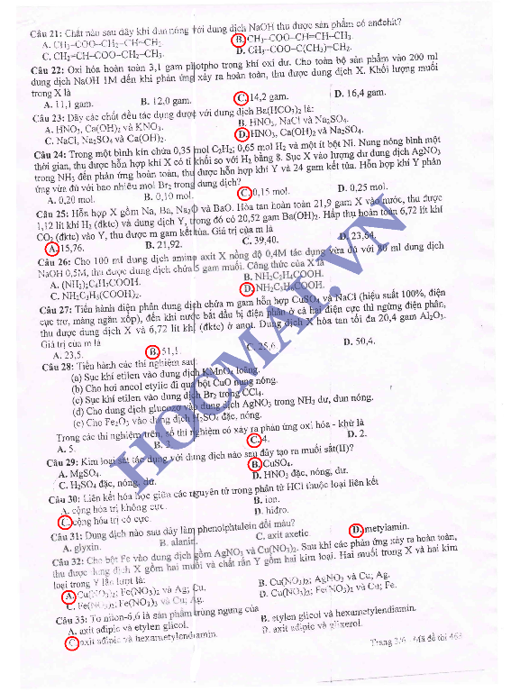 đề thi, đáp án môn Hóa, Tiếng Anh