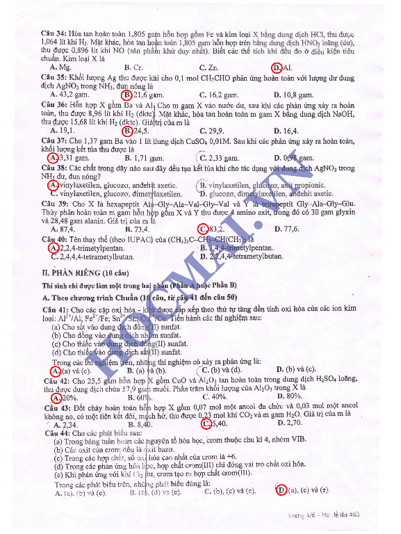 đề thi, đáp án môn Hóa, Tiếng Anh