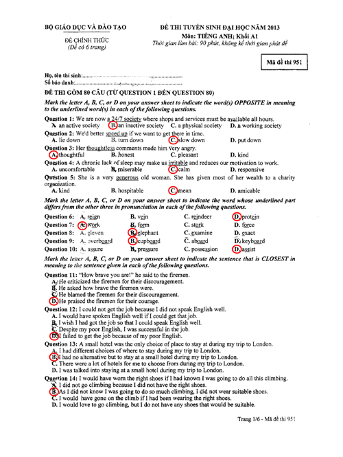 đề thi, đáp án môn Hóa, Tiếng Anh