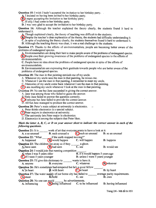 đề thi, đáp án môn Hóa, Tiếng Anh