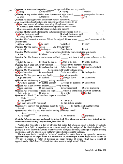 đề thi, đáp án môn Hóa, Tiếng Anh