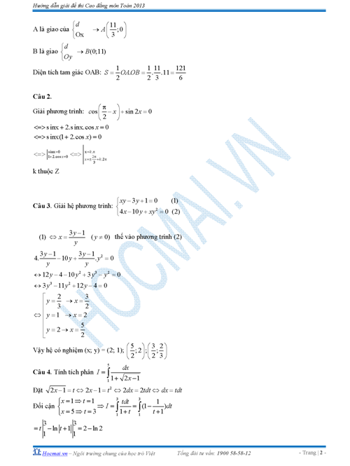 đáp án môn Toán cao đẳng 2013
