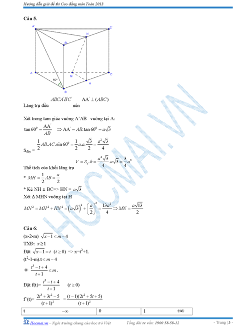 đáp án môn Toán cao đẳng 2013
