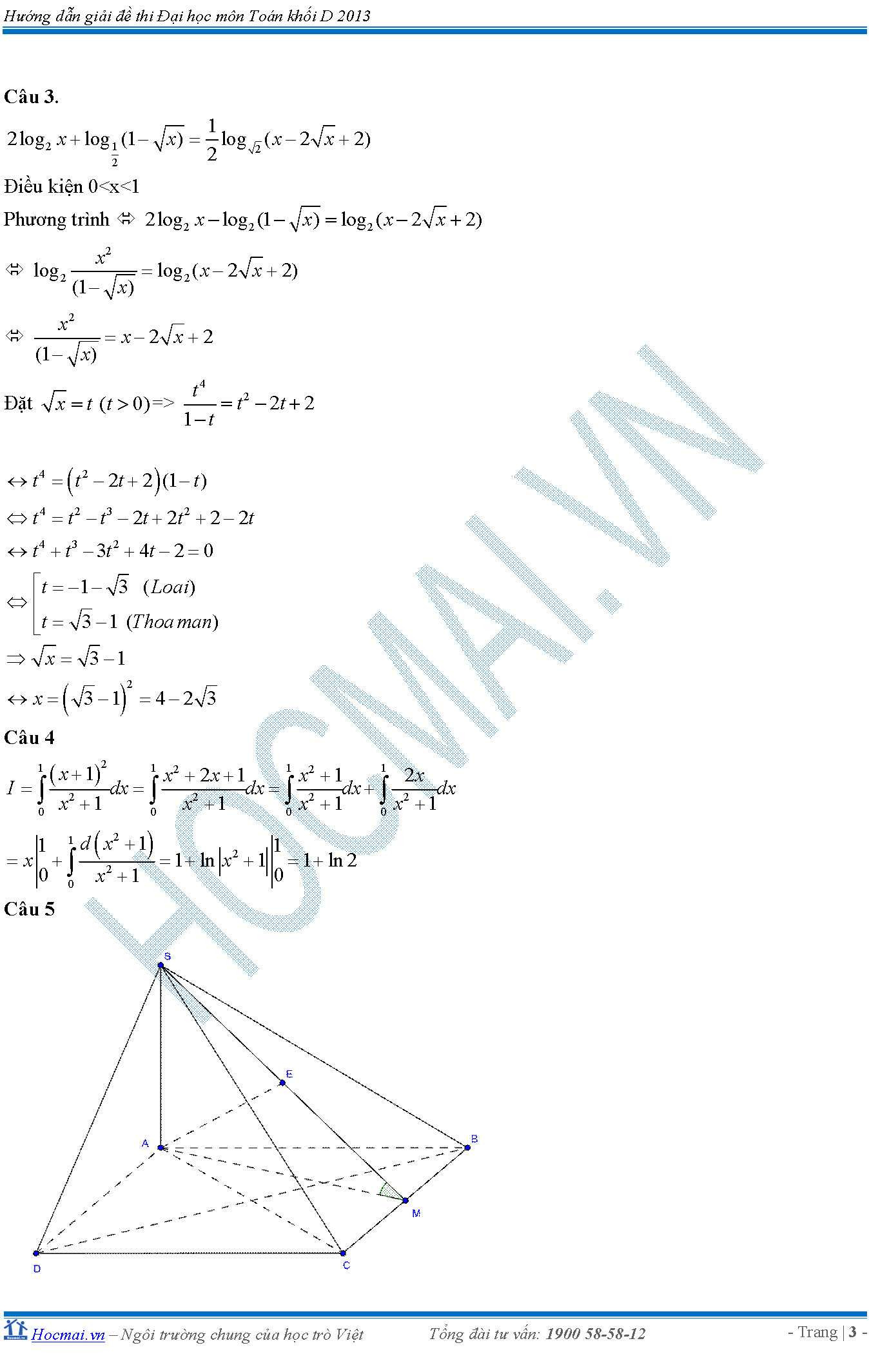 đáp án môn toán khối D