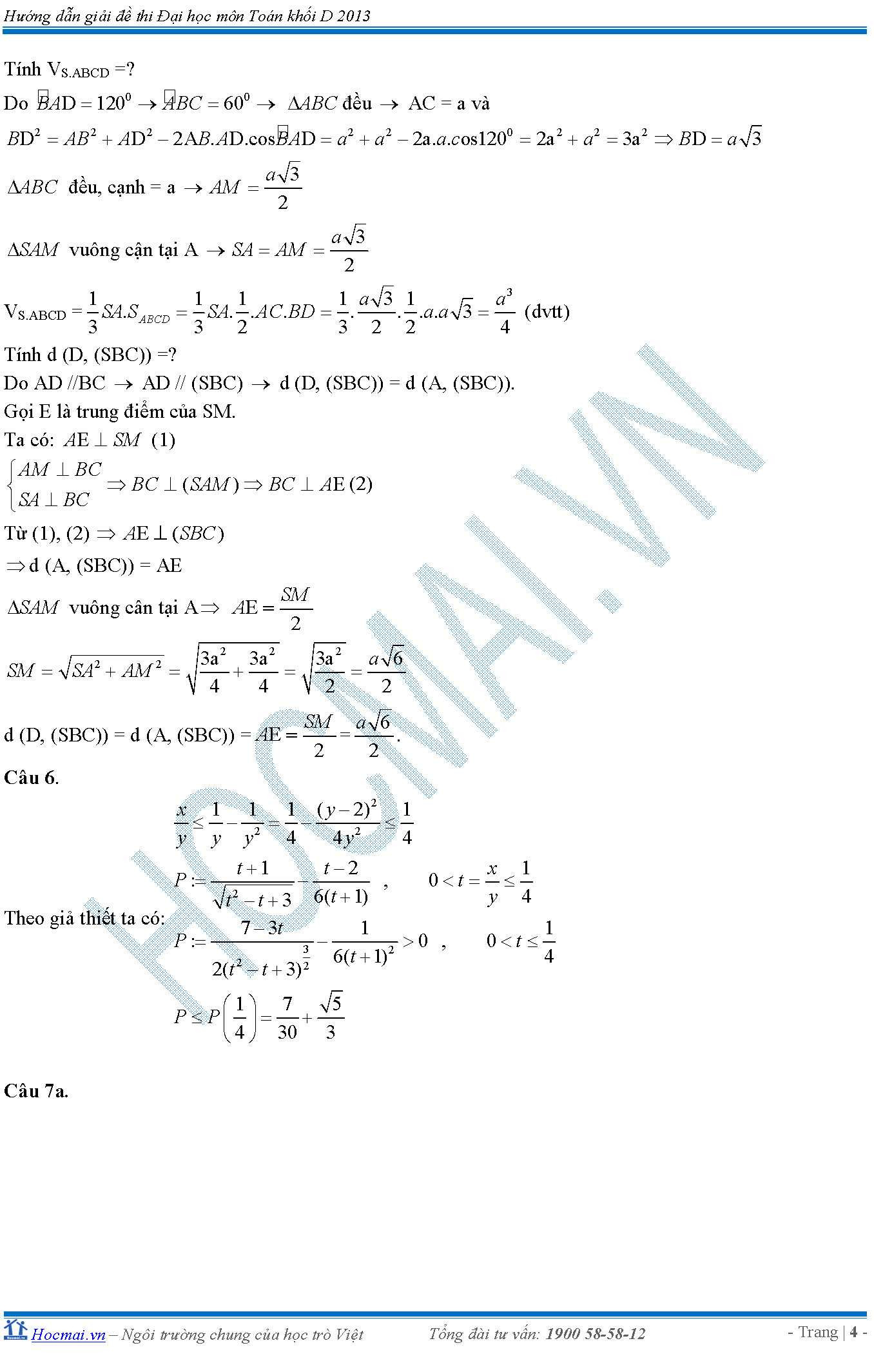 đáp án môn toán khối D