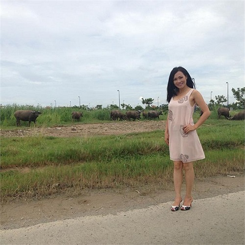 Phương Thanh tạo dáng giữa cánh đồng.