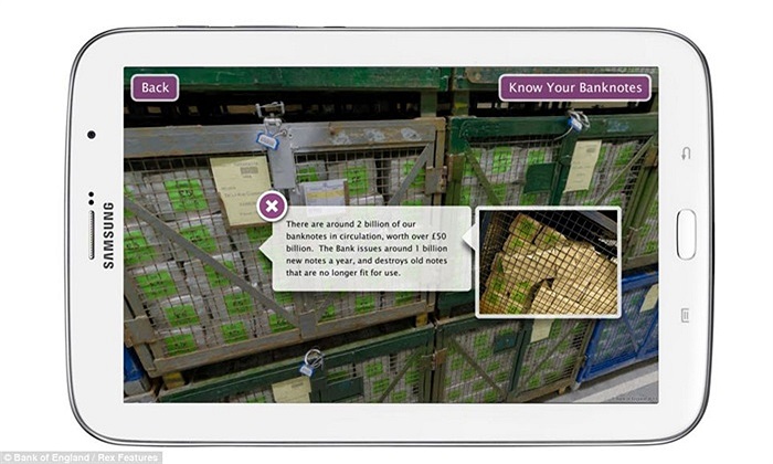 Ứng dụng cho phép người dùng tìm kiếm thông tin về hoạt động của ngân hàng này. Với Virtual Tour, người sử dụng có thể xem các hình ảnh của một giá để tiền giấy được chú thích với các sự kiện chẳng hạn như: Có khoảng hai tỷ tiền giấy trong lưu thông.