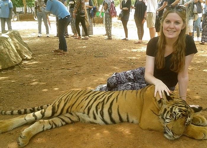 Được biết, vườn thú này là một trong những nơi mà du khách có thể chạm vào và vuốt ve các loài thú được tiêm thuốc ngủ. Trong ảnh là chị Brennan đang âu yếm một con cọp trước khi gặp nạn.