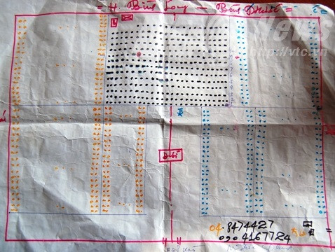 Sơ đồ chỉ ngôi mộ 'Liệt sỹ' Nguyễn Viết Thuấn do nhà ngoại cảm lập nên.