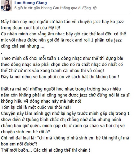 Ca sĩ Lưu Hương Giang cũng nhảy vào cuộc chiến bênh người chị gái của mình, không quên kể kỉ niệm có lần Mỹ Lệ từng nói với cô: 'Chị mà không ở nhà nghỉ sinh em bé nghĩ gì mà bọn em nổi được'.
