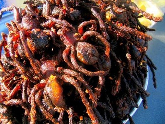 Nhện rán: Đây là một món ăn khá phổ biến tại nhiều vùng của nước láng giềng Campuchia. Từ thời Khmer Đỏ, do nạn đói kém hoành hành, người dân ở đây đã phải tìm nhện từ các hố nhỏ trên mặt đất đem về rán lên để thành thức ăn.