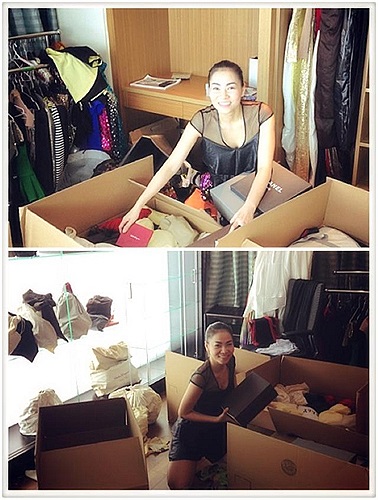 Thu Minh chật vật dọn nhà ngày cuối tuần.