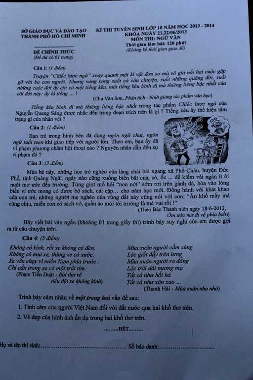 Đề thi chính thức môn Ngữ văn lớp 10 TP.HCM