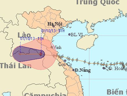 Tâm bão đã ở trên địa phận Trung Lào nhưng sẽ tiếp tục gây mưa lớn cho các tỉnh miền Trung. Nguồn: Nchmf 