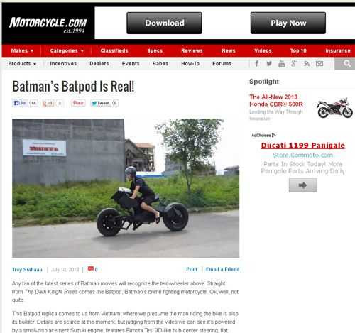 Xe Batman tại Việt Nam trên chuyên trang Motorcycle.