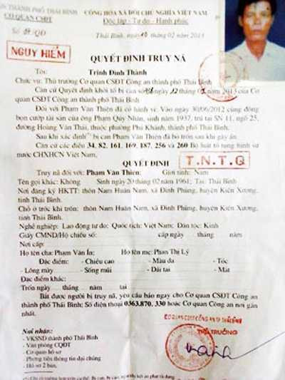 Lệnh truy nã đối tượng Phạm Văn Thiện.