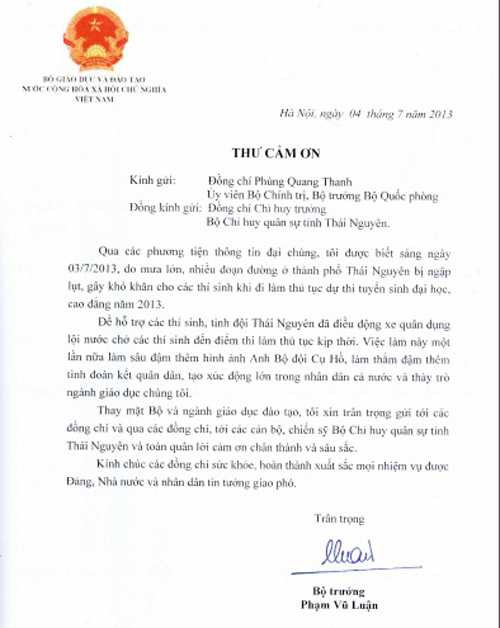 thư cảm ơn của Bộ trưởng Luận
