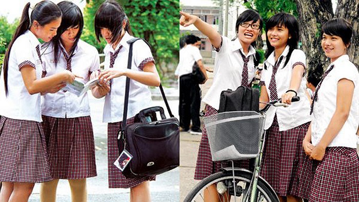 Kiểu đồng phục ca rô váy xếp của teen Hoàng Hoa Thám (TP.HCM) cũng rất được yêu thích.