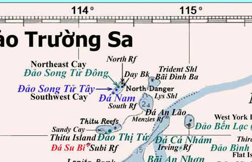 Đảo Song Tử Tây, Đá Nam do Việt Nam giữ nằm giữa Song Tử Đông (Trường Sa), đảo Thị Tứ (Trường Sa) do Philippines chiếm đóng bất hợp pháp, đá Su Bi (Trường Sa) do Trung Quốc chiếm đóng bất hợp pháp.