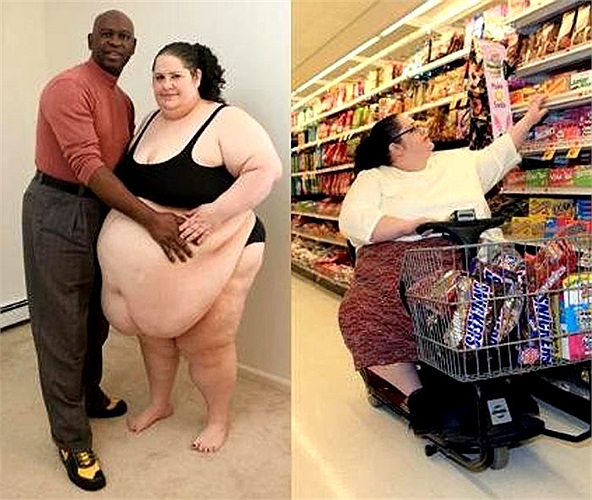 Ảnh bên trái là Donna Simpson cùng với chồng của chị. Bên phải là chị dùng xe điện đi siêu thị