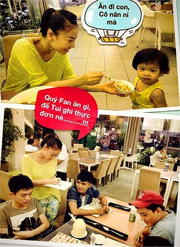 Ảnh vui minh họa 'công việc ngoài giờ' của nữ ca sĩ Thu Minh là dỗ trẻ em ăn cơm và phục vụ bàn cho các fan.