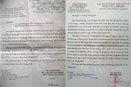 2 công văn đang được cho là của Sở GD-ĐT Thanh Hóa và UBND Phường Đồng Sơn (Thanh Hóa) vận động ủng hộ cho Quang Anh