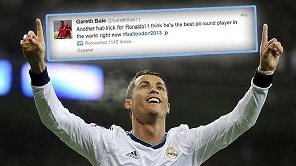 Bale ca ngợi tài năng của Ronaldo trên Twitter. Theo cầu thủ xứ Wales thì tài năng của Ronaldo thực sự đáng khâm phục