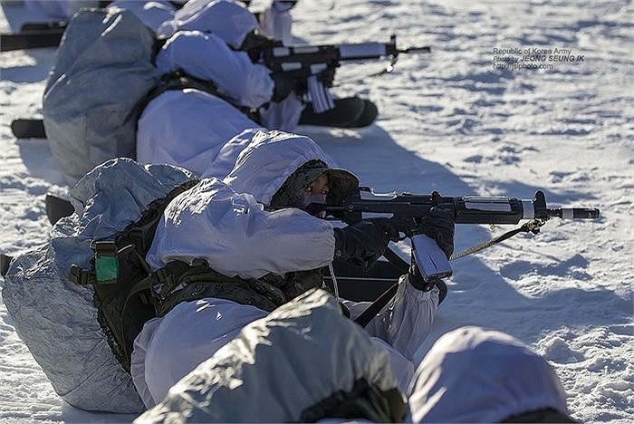 Trang phục và vũ khí đều được phủ màu trắng trong lúc chiến đấu trên địa hình tuyết