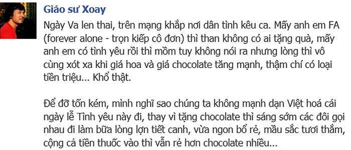 Cù Trọng Xoay mạnh dạn Việt hóa Valentine bằng lòng lợn, tiết canh, ngon, bổ, rẻ, màu sắc tươi thắm, cộng cả tiền thuốc vẫn rẻ hơn chocolate nhiều.