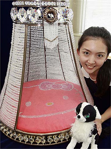 Nhà cún có giá hơn 30.000 USD, gắn 7.600 viên pha lê, với tấm đệm hình khuôn mặt Hello Kitty, được giới thiệu tại một sự kiện ở Tokyo. 