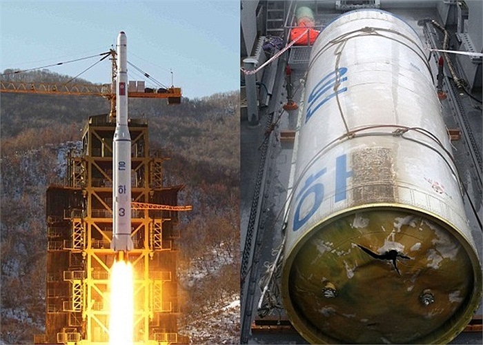 Bên trái là Unha-3 khi rời bệ phóng và bên phải là phần tách ra trong giai đoạn 1 của nó được Hải quân Hàn Quốc trục vớt ở vùng biển Pyeongtaek