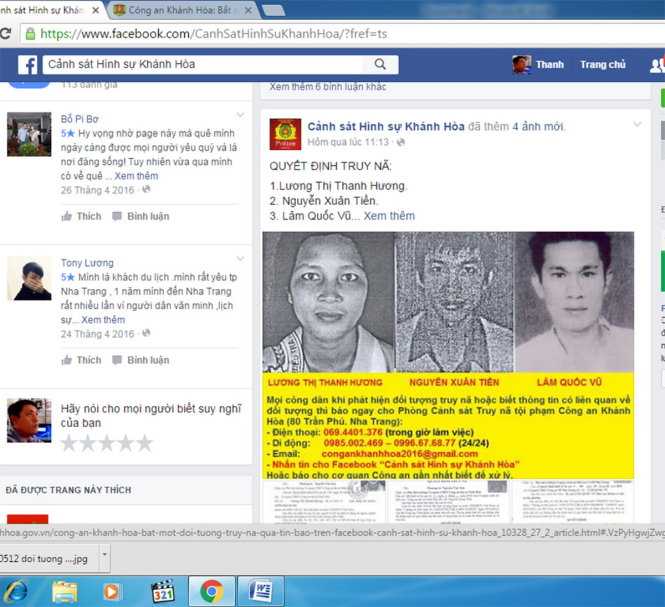 Thông tin truy nã bà Hương được đăng trên Facebook Cảnh sát hình sự Khánh Hòa lúc 11h ngày 11/5