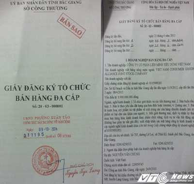 Giấy đăng ký kinh doanh của Công ty cổ phần Liên minh Tiêu dùng Việt Nam do Sở Công thương Bắc Giang cấp ngày 21/6/2013. 