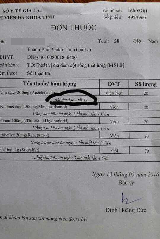 Đơn thuốc cấp cho bệnh nhân nam bị ghi nhầm lẫn phần hướng dẫn sử dụng - Ảnh: B.D.